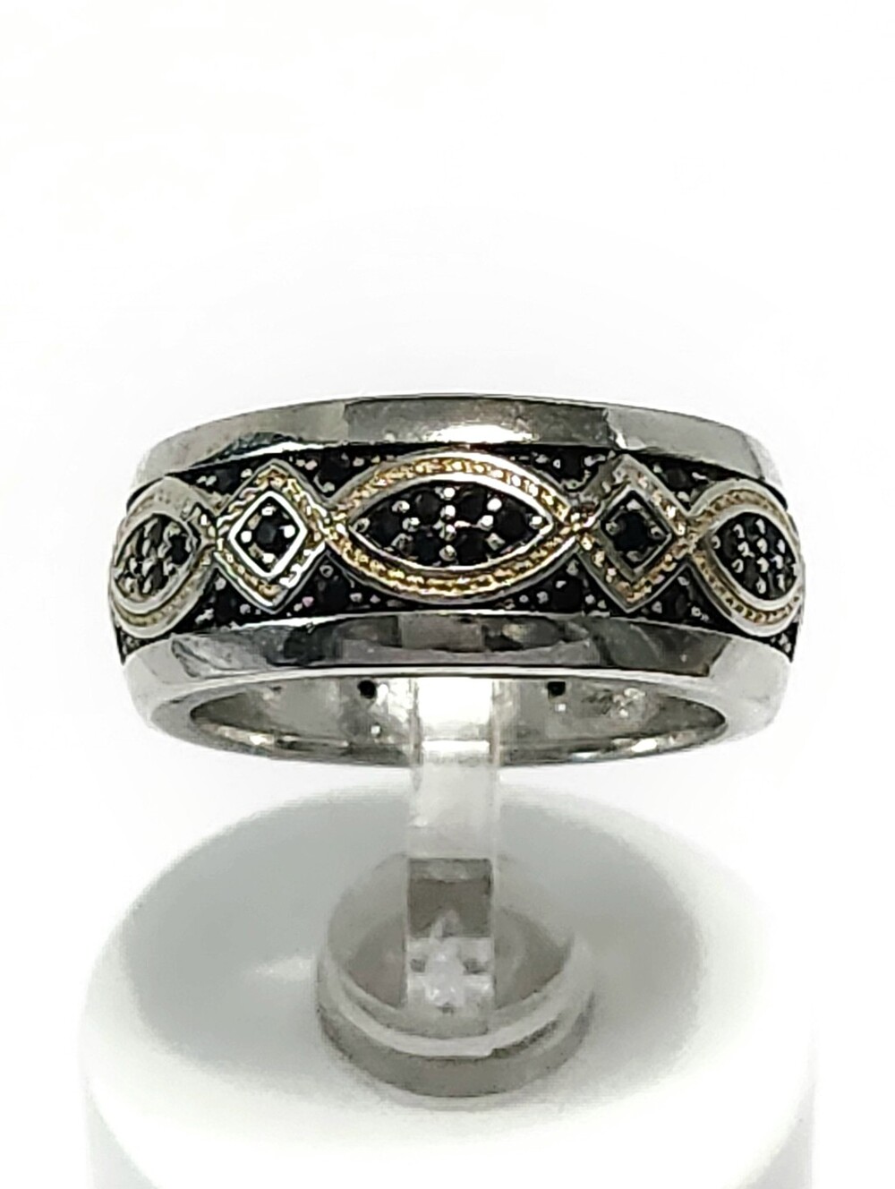 Sterling Silver Two-Tone Patterned Black Stones Eternity Wide Band Ring size 7